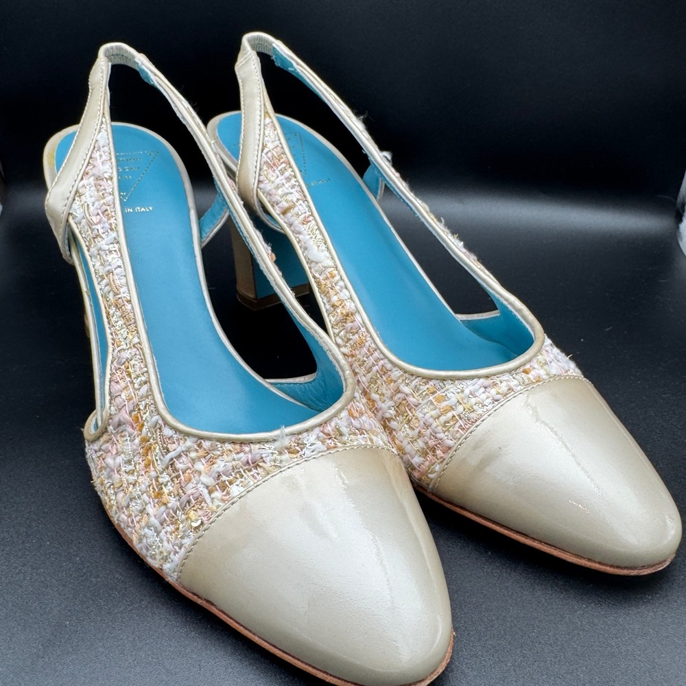 Valentina Rangoni Firenze Nicco Slingback Pumps Block Heels Tweed Italy 8.5N NEW
